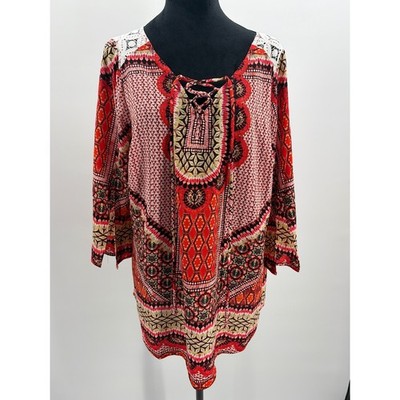 Figueroa & Flower Womens 1X Red Orange Boho Lace Back Tassel Tunic Top PAT2079W