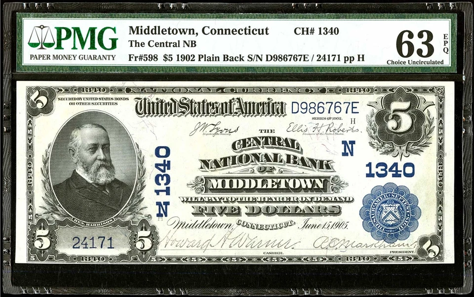 PMG 63 EPQ 1902 The Central NB of Middletown Connecticut $5 Fr#598 Charter #1340 - Image 2 of 3