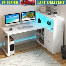 L-Shaped Desk Power Outlets&LED Lights Computer Desk 3 Drawers 3 Storage Shelves