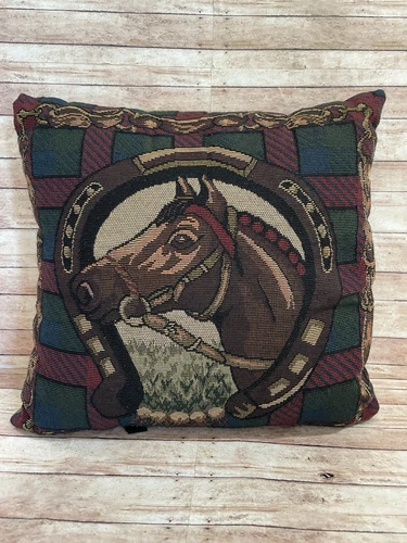 Needlepoint Tapestry Style Horse Pillow Decorative Throw Pillow Derby Decor - Picture 1 of 6