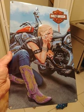 HARLEY DAVIDSON GIRL APPLYING MASCARA HEAVY DUTY USA MADE METAL ADVERTISING SIGN