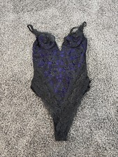 Vintage 80s 90s Victoria's Secret Gold Label Teddy Black Purple M Lace  Satin