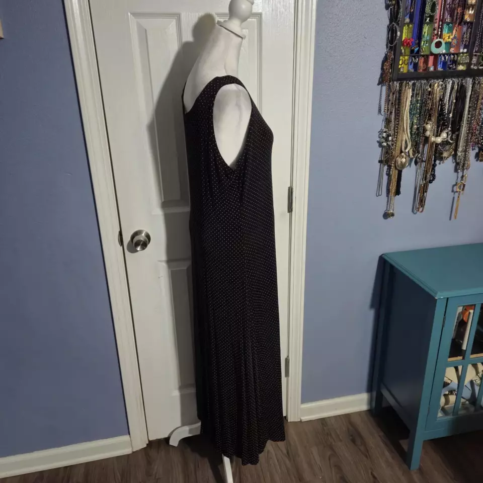 Vintage Ronnie Nicole by Ouida 12 Long Stretchy Tan Black Polka Dot Maxi Dress - Image 3 of 4