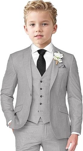 Boys Linen Suit 3 Piece Slim Fit Suits for Kids Formal Tuxedo Suits for Summer - Picture 5 of 35