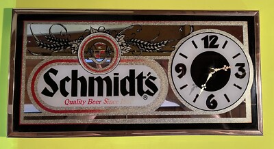 Vintage Schmidt's ''Quality Beer Since 1860'' Mirror Sign with Clock.  18  x 9 
