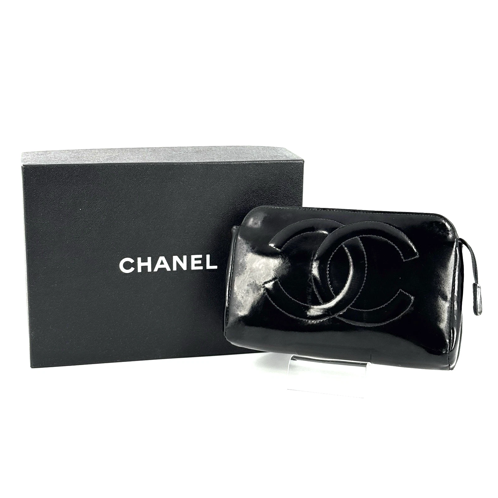 CHANEL Cosmetic Pouch Nero Smalto Verniciato Marca CC Autentica