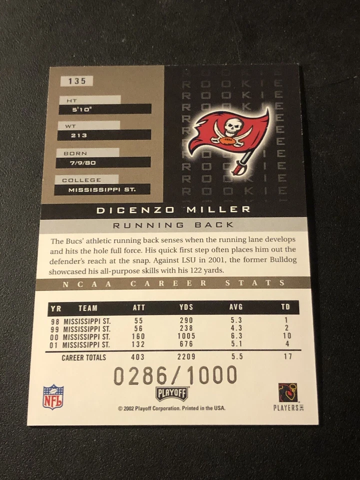 2002 Playoff Honors Rookie /1000 Dicenzo Miller #135 Rookie RC - Image 2 of 2