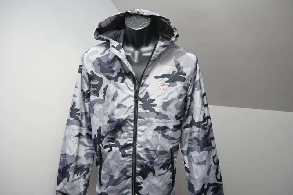 Guess Windbreaker Hoodie Jacket Gray Camo Lined Long Sleeve Mens Size Small - Image 3 of 4