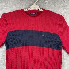 Nautica cable Knit Sweater Men Large Red Navy Sailboat Ribbed Cozy Core Crew