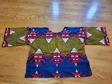 African Dashiki Print Shirt 3/4 Sleeve Multicolor Batik Block Shirt Large