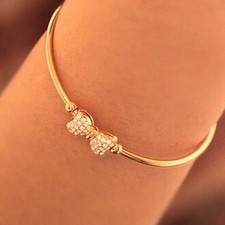 Elegant Gold Plated Women Crystal Bow knot Cuff Bracelets  Bangle