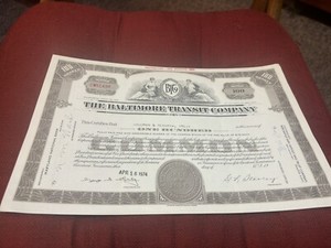 Nice 1974  Baltimore Transit Company Stock Certificate