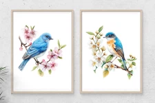 Blue Birds Prints, Set of 2 Art Prints, Birds and Flowers Wall Art Decor Prints