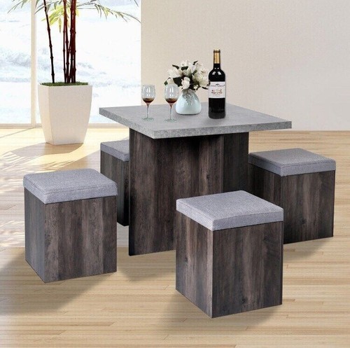 Compact Dining Table and 4 Ottoman Chairs Set Space Saving Storage Kitchen Grey - Picture 5 of 9