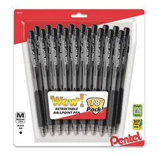 NEW Pentel WOW! Retractable Ballpoint 1.0mm Pens 18-Pack BLACK Ink BK440BP18A
