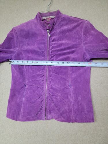 WILSONS LEATHER Woman's SMALL Suede PURPLE Jacket Ruched Front LIME Lining ZIP - Picture 6 of 9