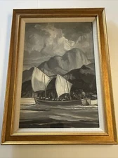 Antique Painting Listed American Nautical Impressionism Boat Wpa Oscar Julius