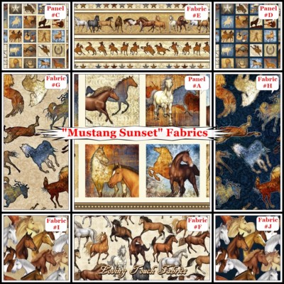 QT DAN MORRIS ''MUSTANG SUNSET'' WESTERN HORSES STRIPED FABRICS- (SELECTION)