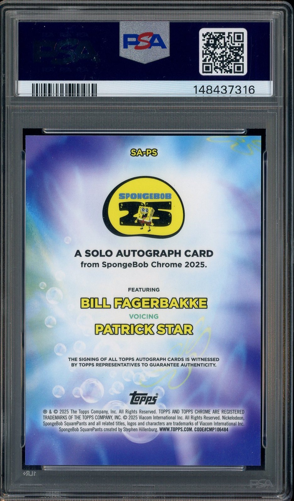 2025 Topps Chrome Spongebob Sapphire Solo Bill Fagerbakke AUTO PSA 10 view 2