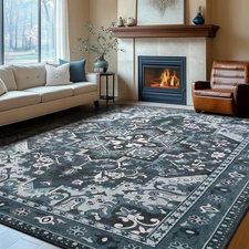 8X10 Area Rugs Machine Washable, Dark Navy Blue Carpet for Living Room, Oriental