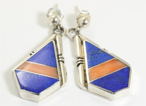 Vintage Zuni Sterling Silver Lapis & Coral Channel Inlay Dangle Earrings