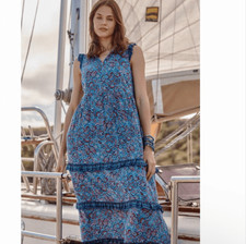 J.Jill Midi Dress Womens XL Blue Paisley Floral Tiered Ruffled V-Neck Sleeveless