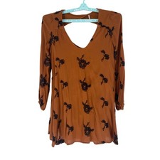 Free People Emma Austin Mini Dress Medium Brown Floral Embroidered Boho Swing