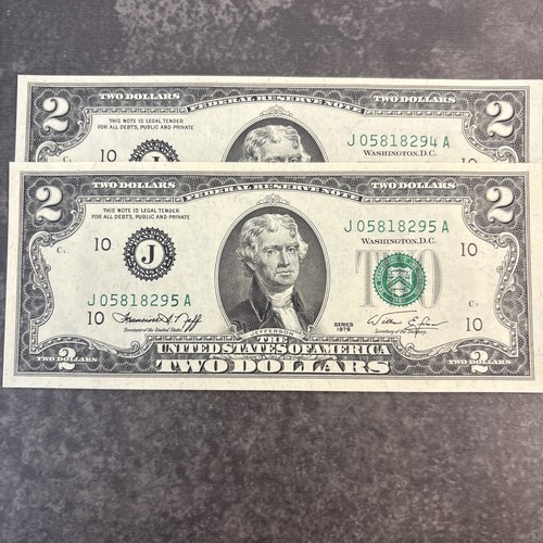 1976 $2 UNC 2 Consec Two Dollar Notes CH/CU Neff/Simon UNC KC Dist “J” CRISP UNC - Picture 4 of 11