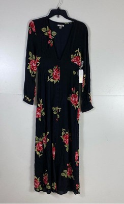NWT Amuse Society Womens Black Floral Long Sleeve Buttoned-Up Maxi Dress Size S