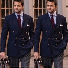 Navy Blue Men's Suits Double Breasted Formal Business Wedding Groom Tuxedo 2pcs