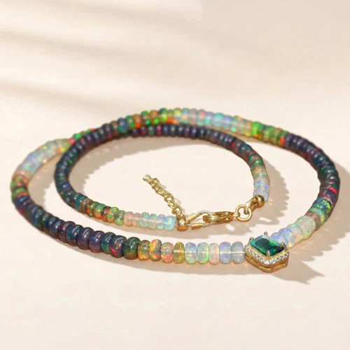 Black Multifire Opal Gemstone Smooth Beaded Charm Necklace, Fire Opal - product listing photo