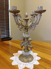 VTG Ornate Cast Metal Gold 4 Arm Cherub Glass Prisms Candelabra GIM #3024 16"