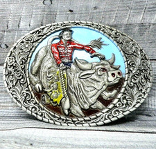 Bull Rider Cowboy Belt Buckle Western Rodeo Vtg 80s Indiana Metal Craft .B126