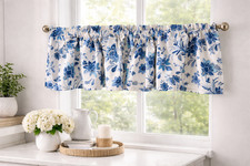 Blue Cream Floral Botanical Window Decor Handmade Valance Curtain
