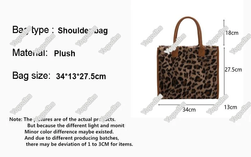 Winter Faux Fur Leopard Tote Bag Soft Plush Shoulder Bag Large Handbag for Women - Image 2 of 4