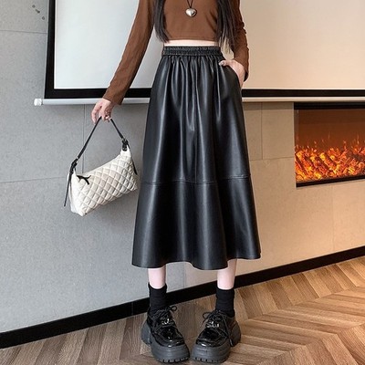 Lady Faux Leather Skirt Midi High Waist Pleated Casual A-line