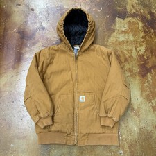 Carhartt Youth Brown Duck Canvas Quilted Lined Hooded Work Jacket L 14/16