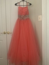 Woman Dress Formal Rhinestone Coral Pink Evening Gown