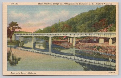 PA Turnpike Bedford Narrows Bridge Linen Postcard ''America's Super Highway''
