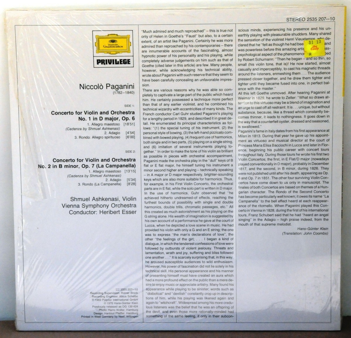 Paganini Violin Concertos Nos. 1 & 2 ASHKENASI 1976 DGG 2535207 NM