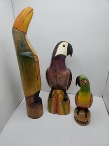 Wood Parrot Statues Lot Of 3 Toucan Conure? Kauai