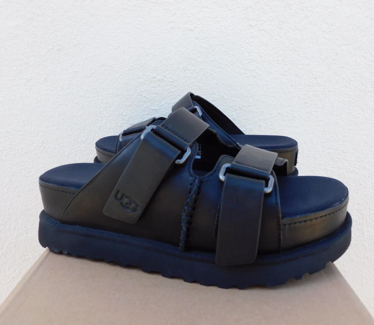 SANDALI SLIDE UGG PELLE NERA GOLDENS HI PLATFORM DONNA US 10 EUR 41 ~NUOVI