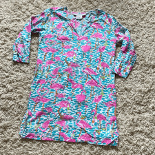 Gretchen Scott Cotton Gauze Tunic Beach Cover Up Pink Flamingos Small S EUC