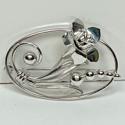 VTG DESIGNER SIGNED SKL STERLING LILLY FLOWER IN AN OVAL FRAME BROOCH PIN EUC