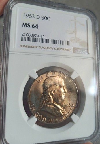 SILVER 50 Cents 🔷 Franklin Half Dollar 1963 D 🔷 USA AMERICA 🔷 UNC NGC M64 - Picture 1 of 2