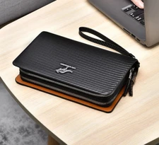 Men double zip Black phone Wallet Holder Blocking Pocket RFID Protected