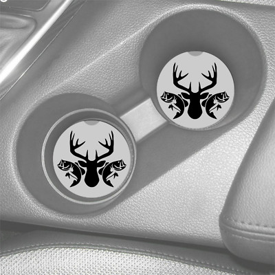 BUCK HEAD & BASS FISH GRAY & BLACK SANDSTONE CAR DRINK COASTERS SET (2) GIFT