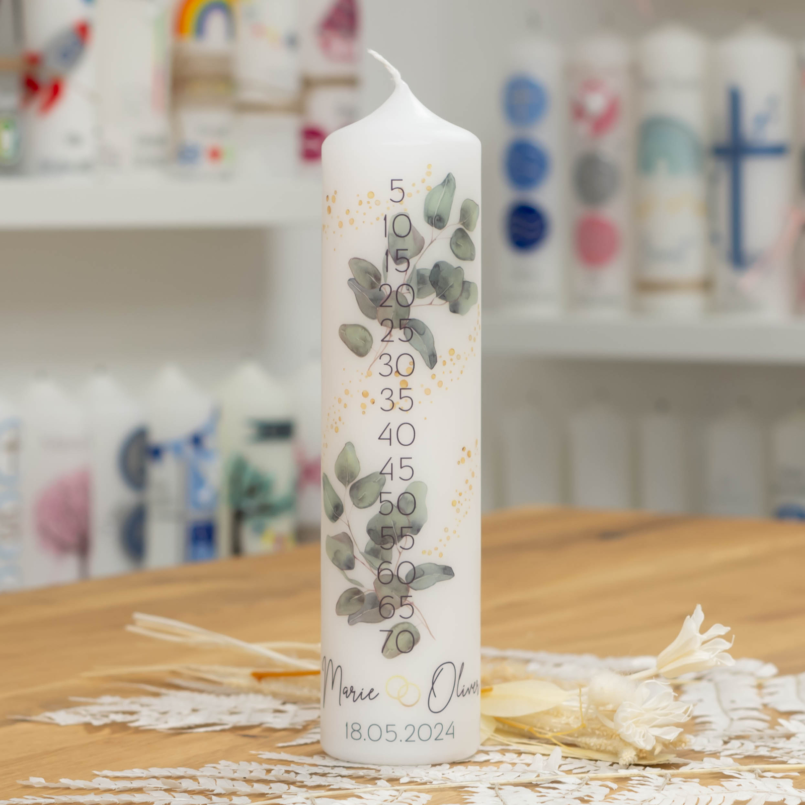 meinkerzenshop® Hochzeitskerze Designdruck JAHRESTAG personalisiert Namen Datum