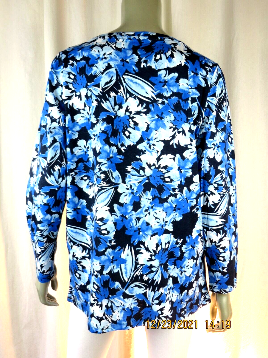 ROAMAN'S SZ 12 NWOT 100% Cotton Blue Black White Flowers Knit