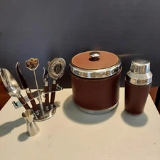 Bar Set Stainless 18/10 Brown Leather Ice Bucket, Shaker, 5 Tools & Stand, Shot 